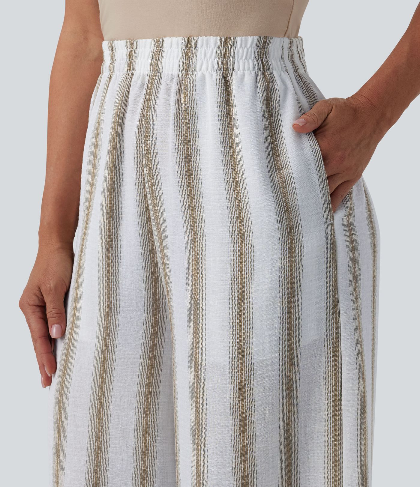 High Waisted Stripes Linen-Feel Casual Baggy Trousers with Pockets