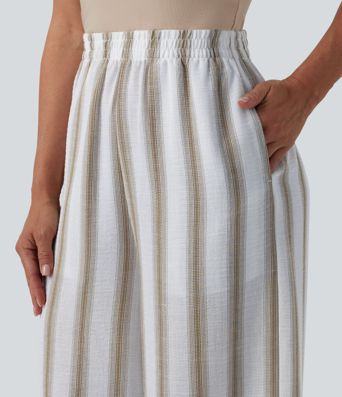 High Waisted Stripes Linen-Feel Casual Baggy Trousers with Pockets