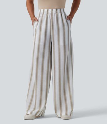 High Waisted Stripes Linen-Feel Casual Baggy Trousers with Pockets