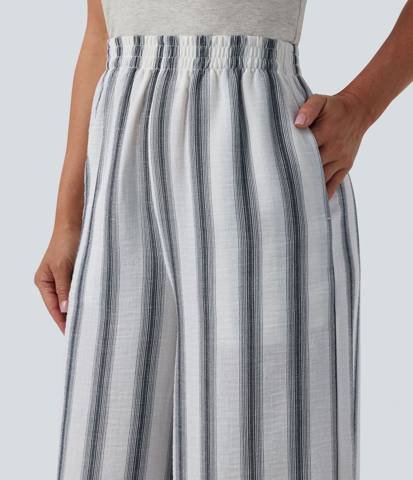 High Waisted Stripes Linen-Feel Casual Baggy Trousers with Pockets