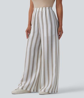 High Waisted Stripes Linen-Feel Casual Baggy Trousers with Pockets
