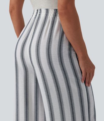 High Waisted Stripes Linen-Feel Casual Baggy Trousers with Pockets