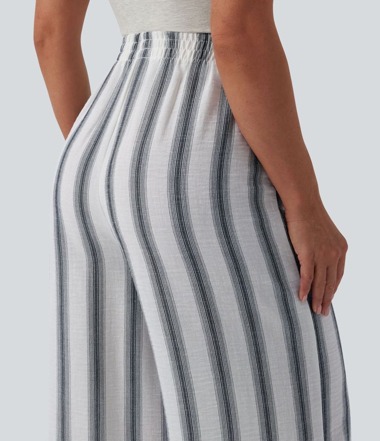 High Waisted Stripes Linen-Feel Casual Baggy Trousers with Pockets