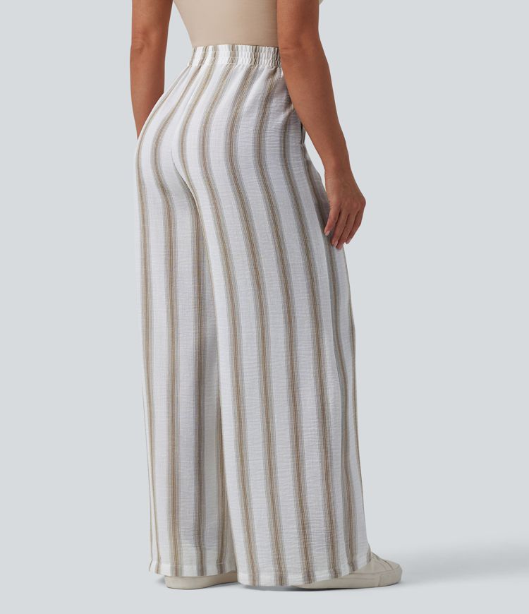 High Waisted Stripes Linen-Feel Casual Baggy Trousers with Pockets