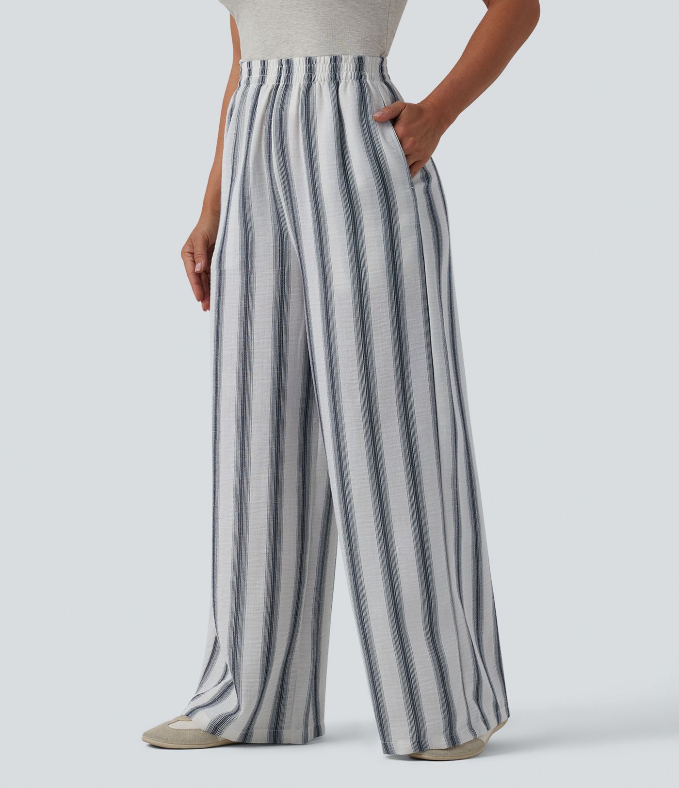 High Waisted Stripes Linen-Feel Casual Baggy Trousers with Pockets