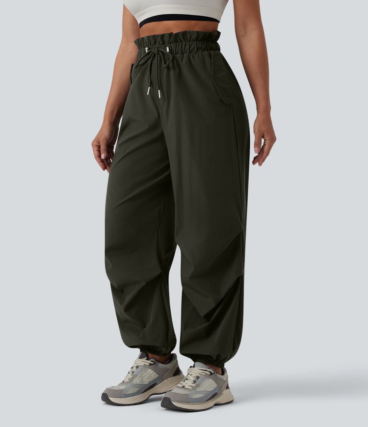 Workout-Jogginghose im Fallschirm-Stil mit hohem Bund, Seitentaschen und Kordelzug