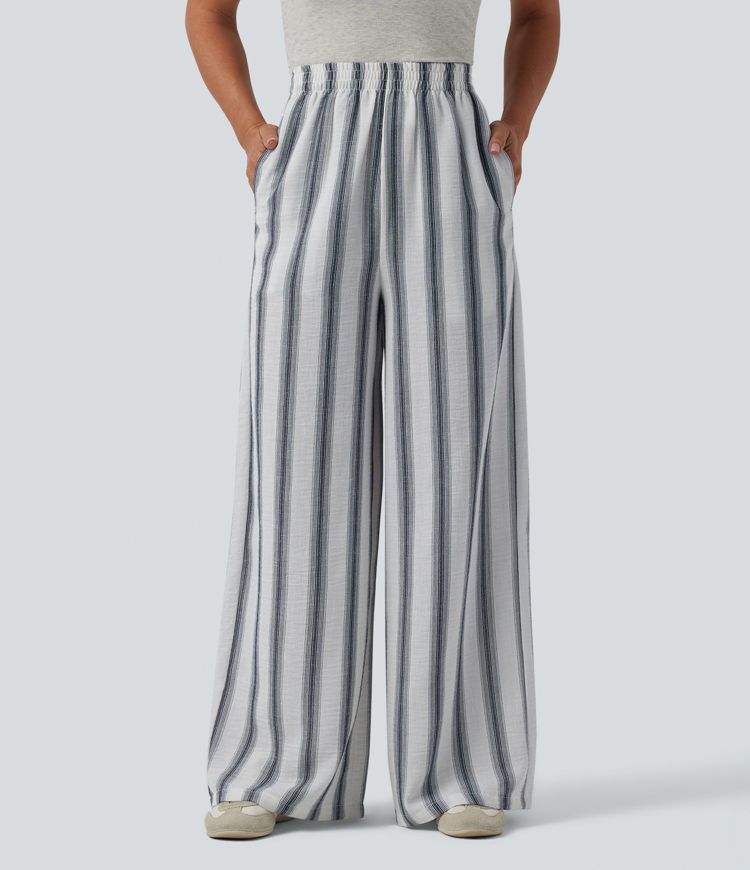 High Waisted Stripes Linen-Feel Casual Baggy Trousers with Pockets