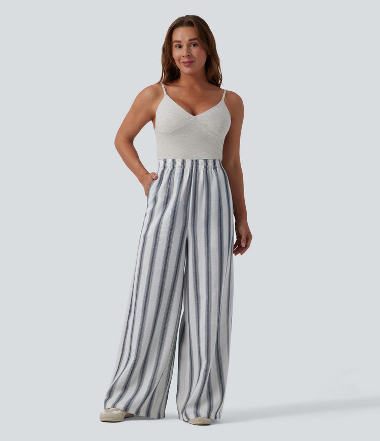 High Waisted Stripes Linen-Feel Casual Baggy Trousers with Pockets