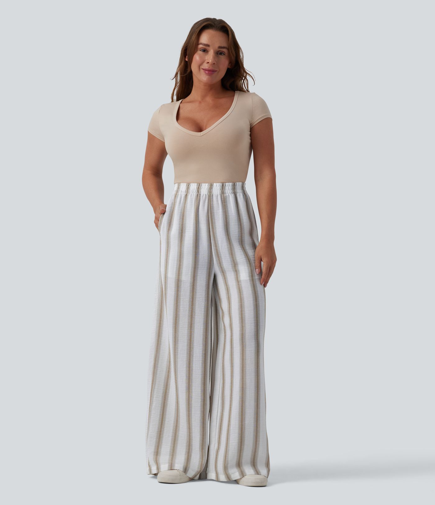 High Waisted Stripes Linen-Feel Casual Baggy Trousers with Pockets
