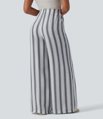 High Waisted Stripes Linen-Feel Casual Baggy Trousers with Pockets