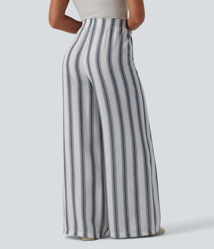 High Waisted Stripes Linen-Feel Casual Baggy Trousers with Pockets