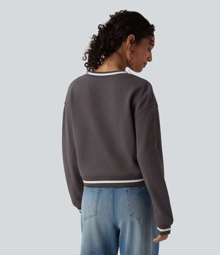 Lässiges Baumwoll-Sweatshirt mit V-Ausschnitt, langen Ärmeln und Farbblock-Design