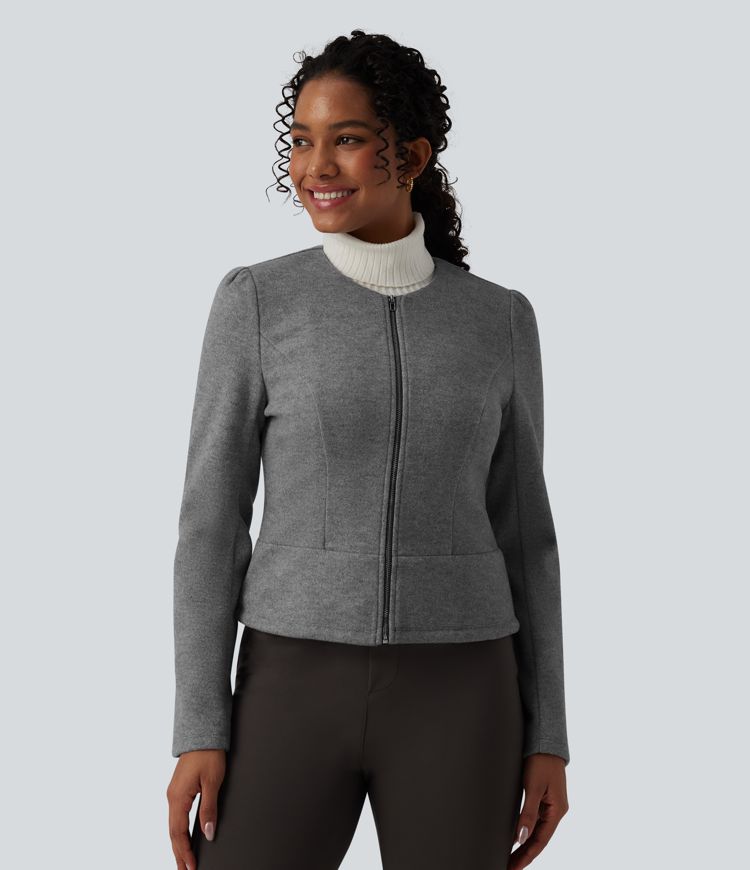 Round Neck Long Sleeve Zipper Fleece Work Jacket 