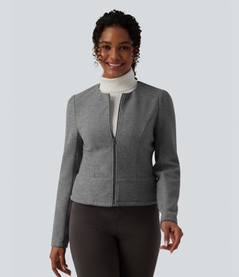 Round Neck Long Sleeve Zipper Fleece Work Jacket 