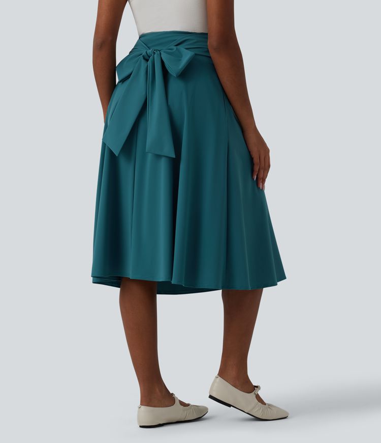 High Waisted Tie Front A Line Midi Casual Skirt