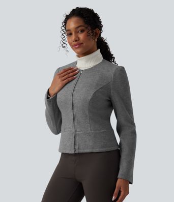 Round Neck Long Sleeve Zipper Fleece Work Jacket 