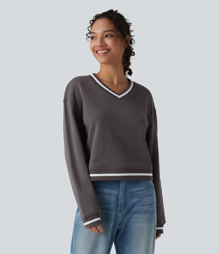 Lässiges Baumwoll-Sweatshirt mit V-Ausschnitt, langen Ärmeln und Farbblock-Design