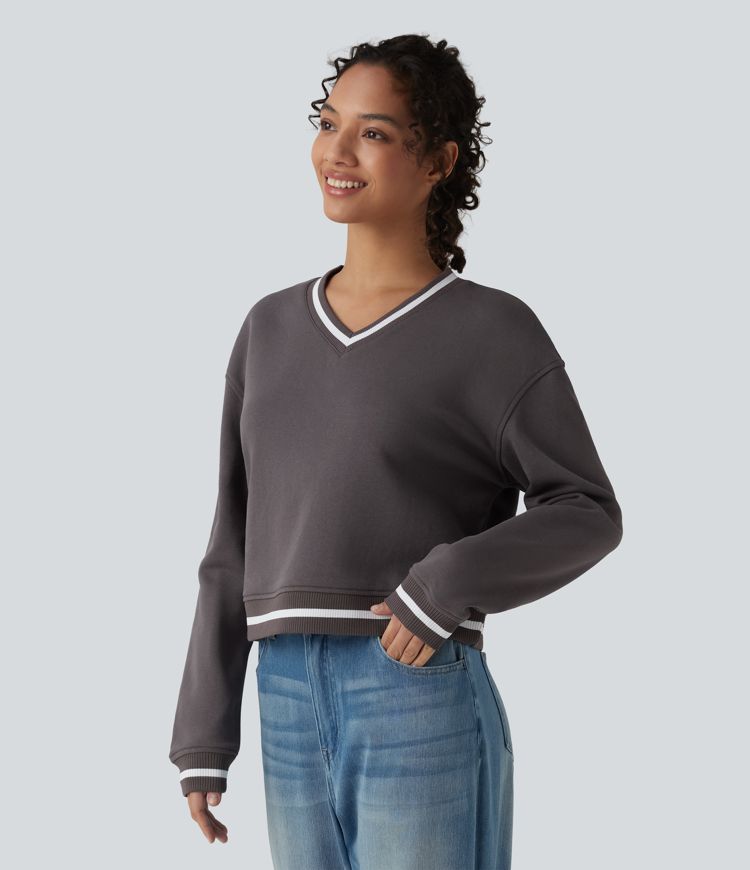 Lässiges Baumwoll-Sweatshirt mit V-Ausschnitt, langen Ärmeln und Farbblock-Design