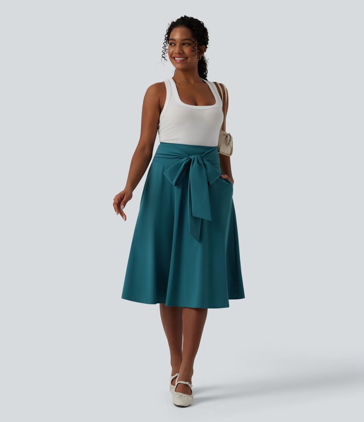 High Waisted Tie Front A Line Midi Casual Skirt
