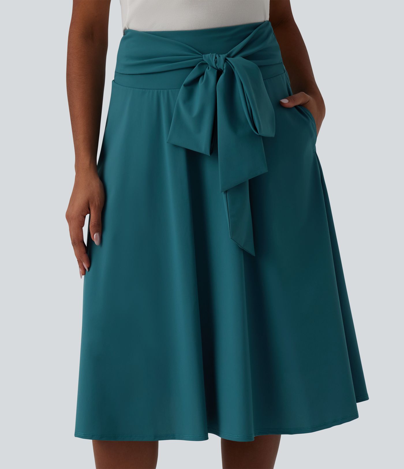 High Waisted Tie Front A Line Midi Casual Skirt