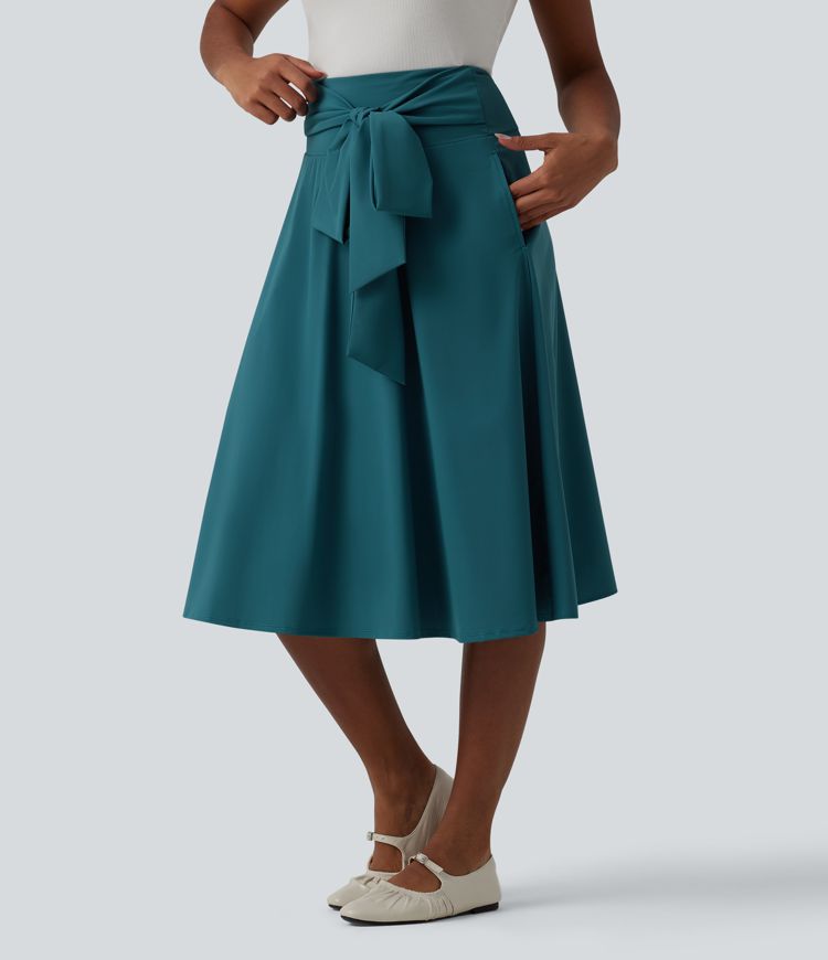 High Waisted Tie Front A Line Midi Casual Skirt