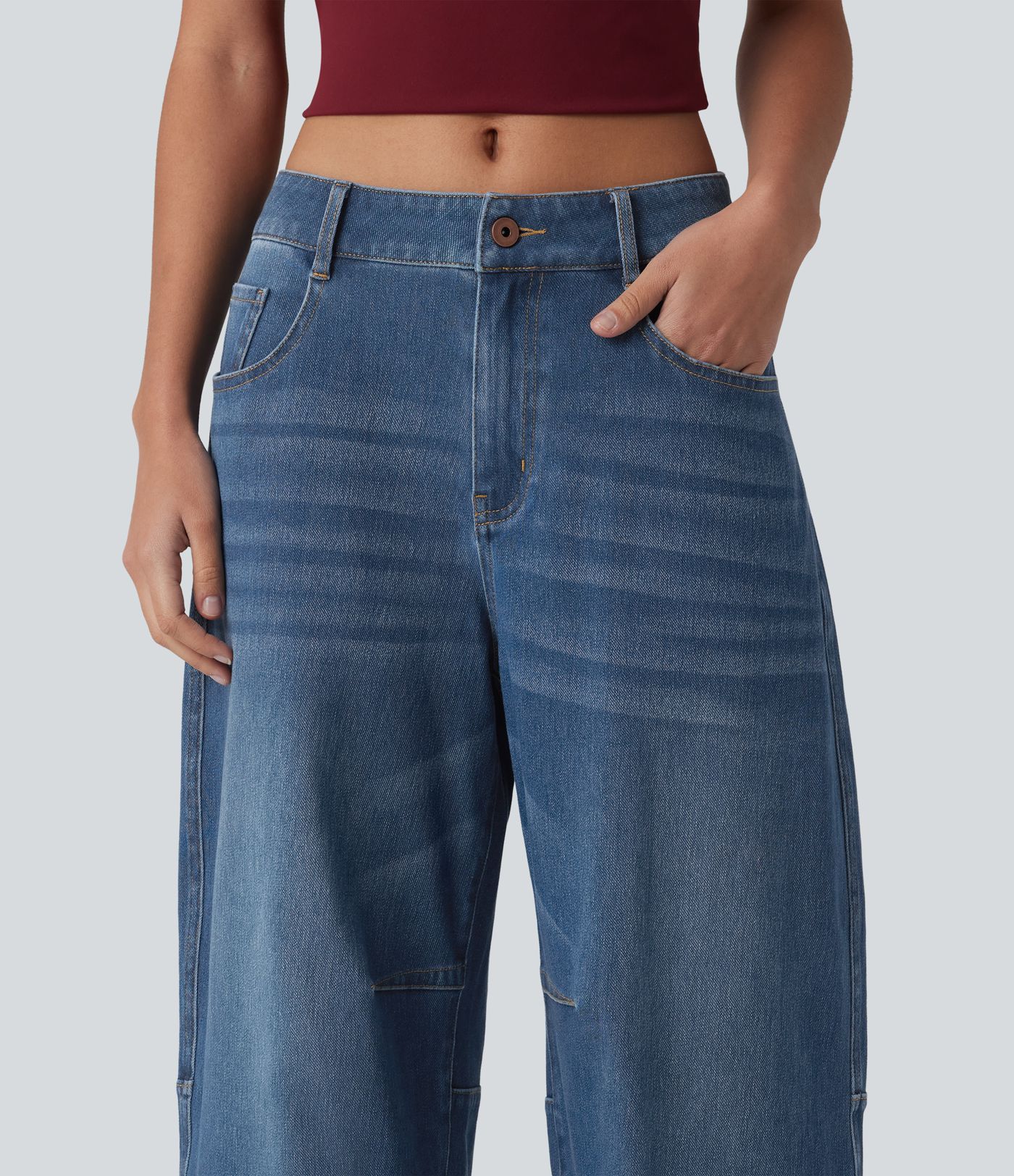 Jean barrel Halara Flex™ taille basse avec bouton, fermeture éclair, multiples poches et jambes amples en maille extensible