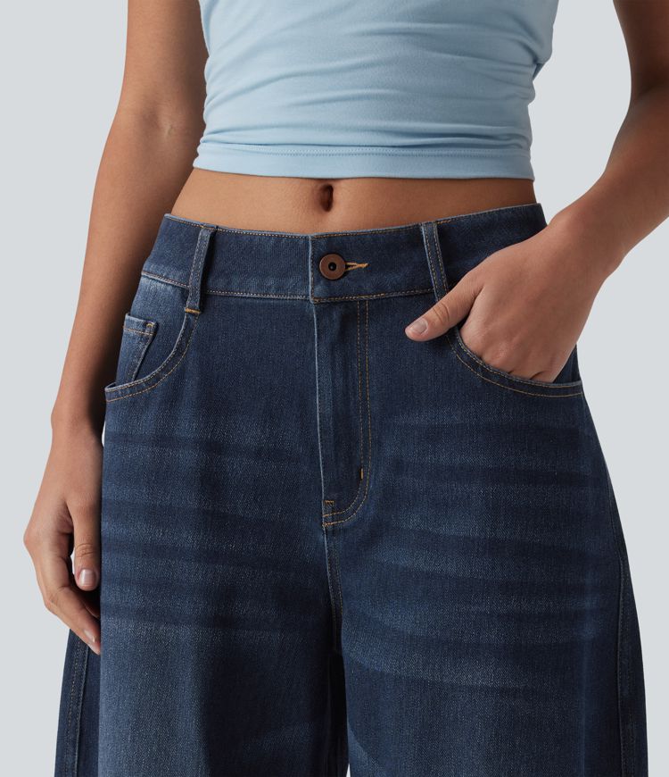 Halara Flex™ Low Rise Zipper Pockets Barrel Leg Casual Jeans