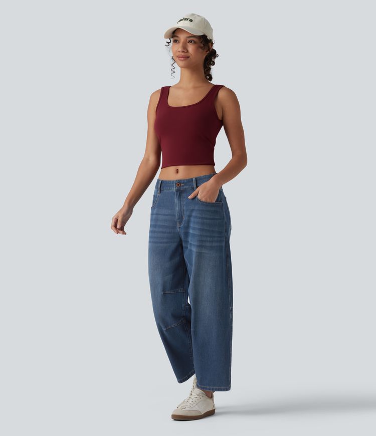 Jean barrel Halara Flex™ taille basse avec bouton, fermeture éclair, multiples poches et jambes amples en maille extensible