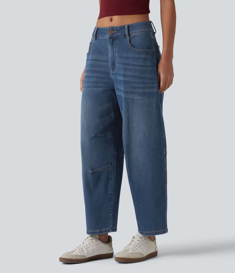 Jean barrel Halara Flex™ taille basse avec bouton, fermeture éclair, multiples poches et jambes amples en maille extensible