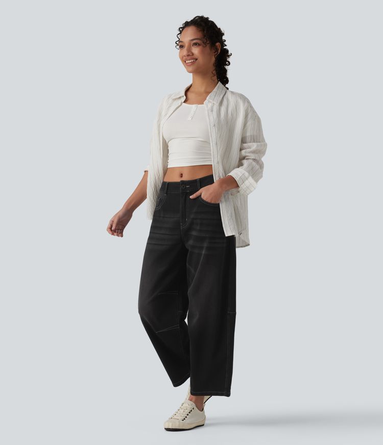 Halara Flex™ Low Rise Zipper Pockets Barrel Leg Casual Jeans