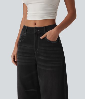 Halara Flex™ Low Rise Zipper Pockets Barrel Leg Casual Jeans