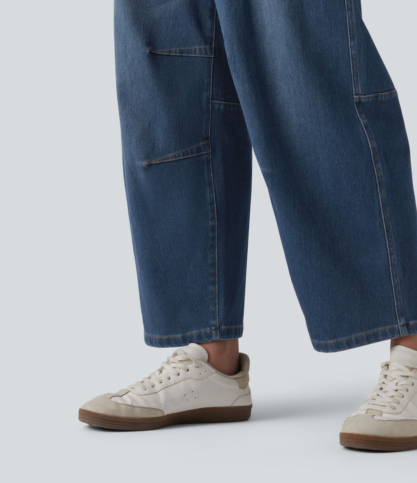 Jean barrel Halara Flex™ taille basse avec bouton, fermeture éclair, multiples poches et jambes amples en maille extensible