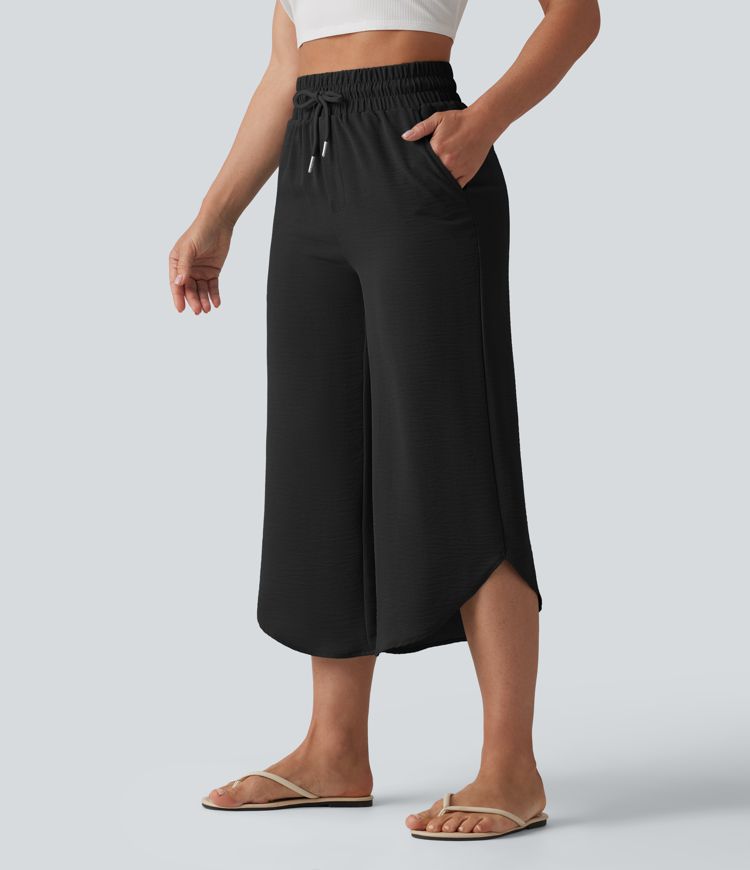 High Waisted Drawstring Curved Hem Cropped Casual Linen-Feel Pants with Pockets
