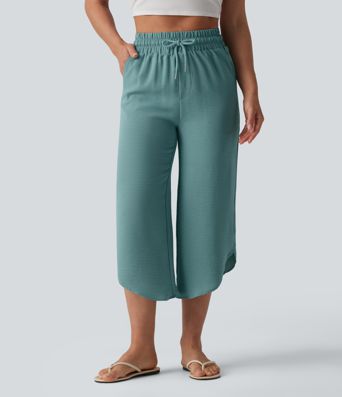 High Waisted Drawstring Curved Hem Cropped Casual Linen-Feel Pants with Pockets