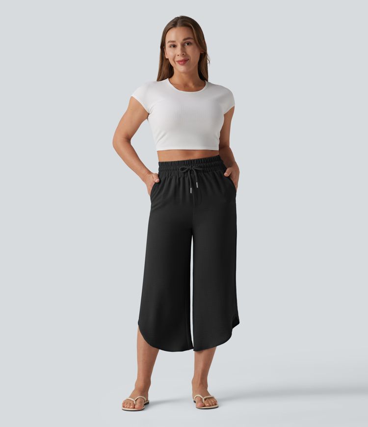 High Waisted Drawstring Curved Hem Cropped Casual Linen-Feel Pants with Pockets