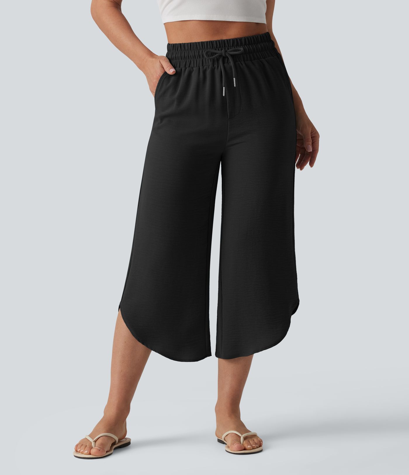 High Waisted Drawstring Curved Hem Cropped Casual Linen-Feel Pants with Pockets