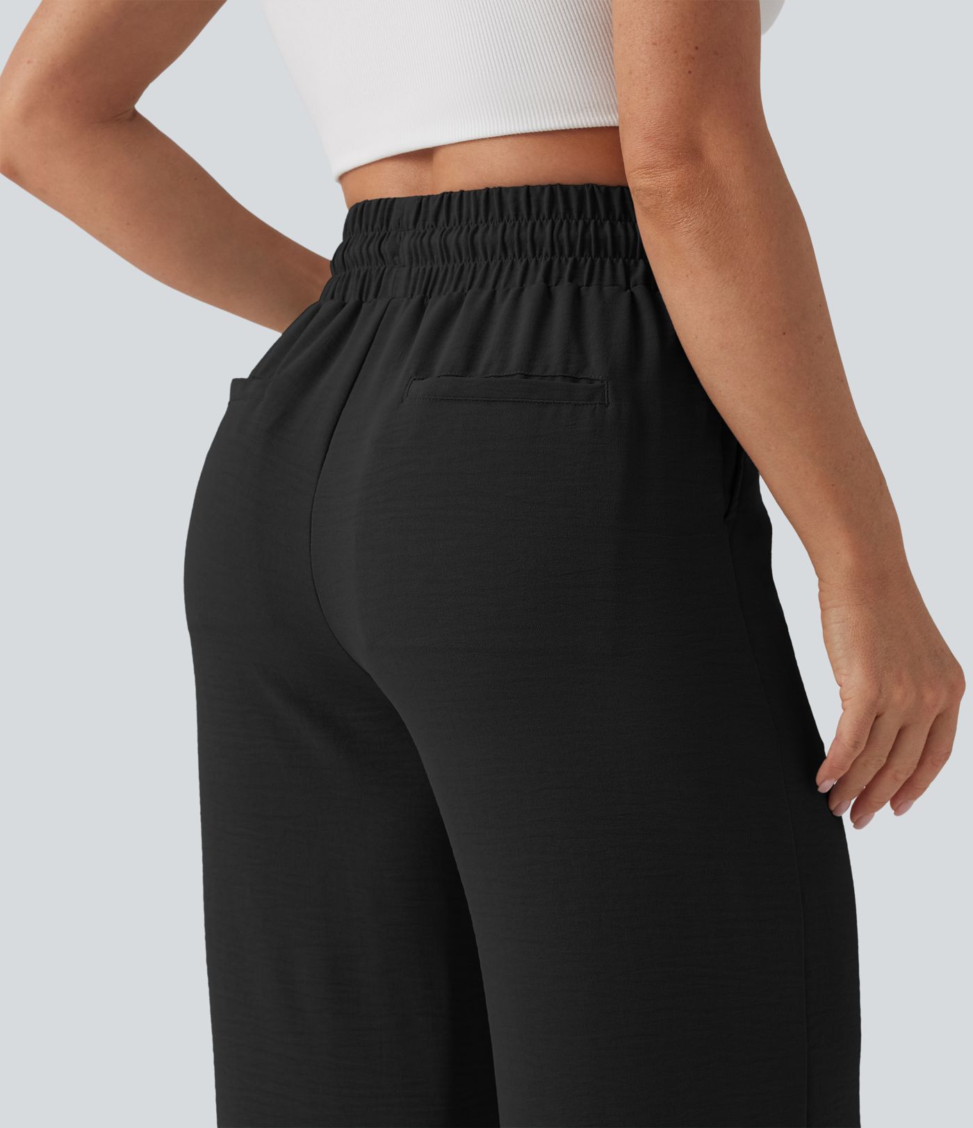 High Waisted Drawstring Curved Hem Cropped Casual Linen-Feel Pants with Pockets