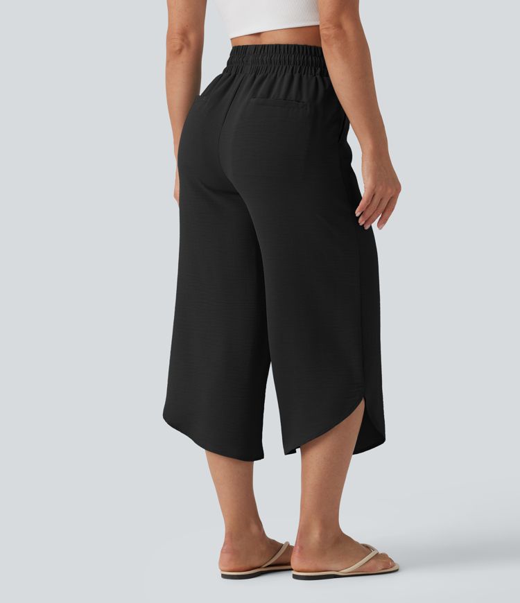 High Waisted Drawstring Curved Hem Cropped Casual Linen-Feel Pants with Pockets