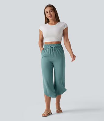 High Waisted Drawstring Curved Hem Cropped Casual Linen-Feel Pants with Pockets