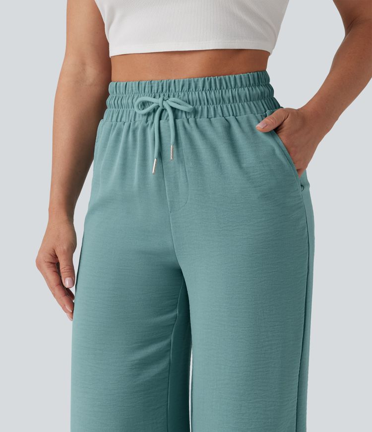 High Waisted Drawstring Curved Hem Cropped Casual Linen-Feel Pants with Pockets