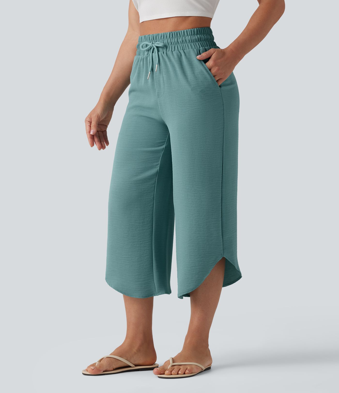 High Waisted Drawstring Curved Hem Cropped Casual Linen-Feel Pants with Pockets