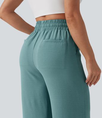 High Waisted Drawstring Curved Hem Cropped Casual Linen-Feel Pants with Pockets