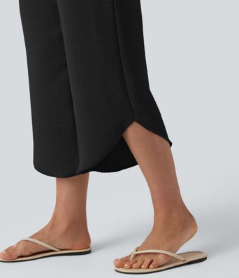 High Waisted Drawstring Curved Hem Cropped Casual Linen-Feel Pants with Pockets