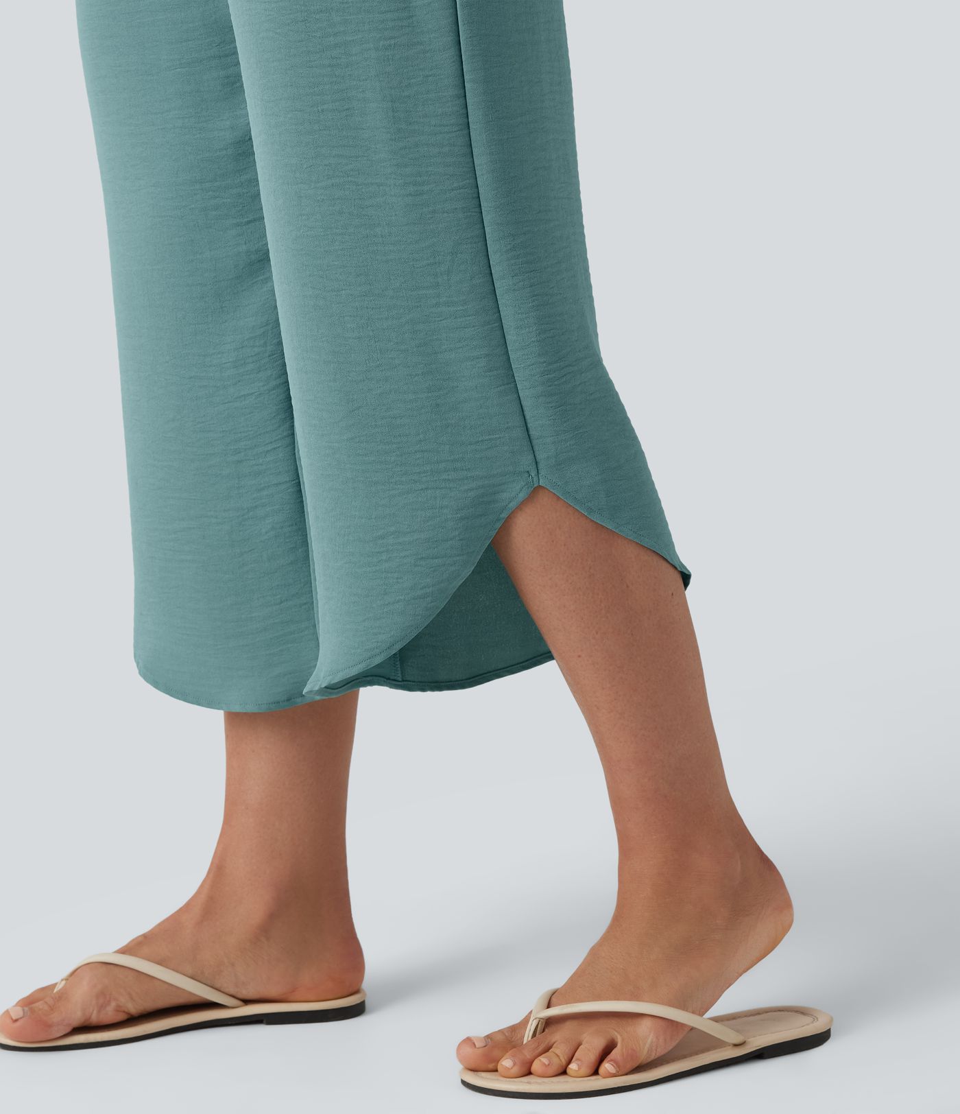 High Waisted Drawstring Curved Hem Cropped Casual Linen-Feel Pants with Pockets