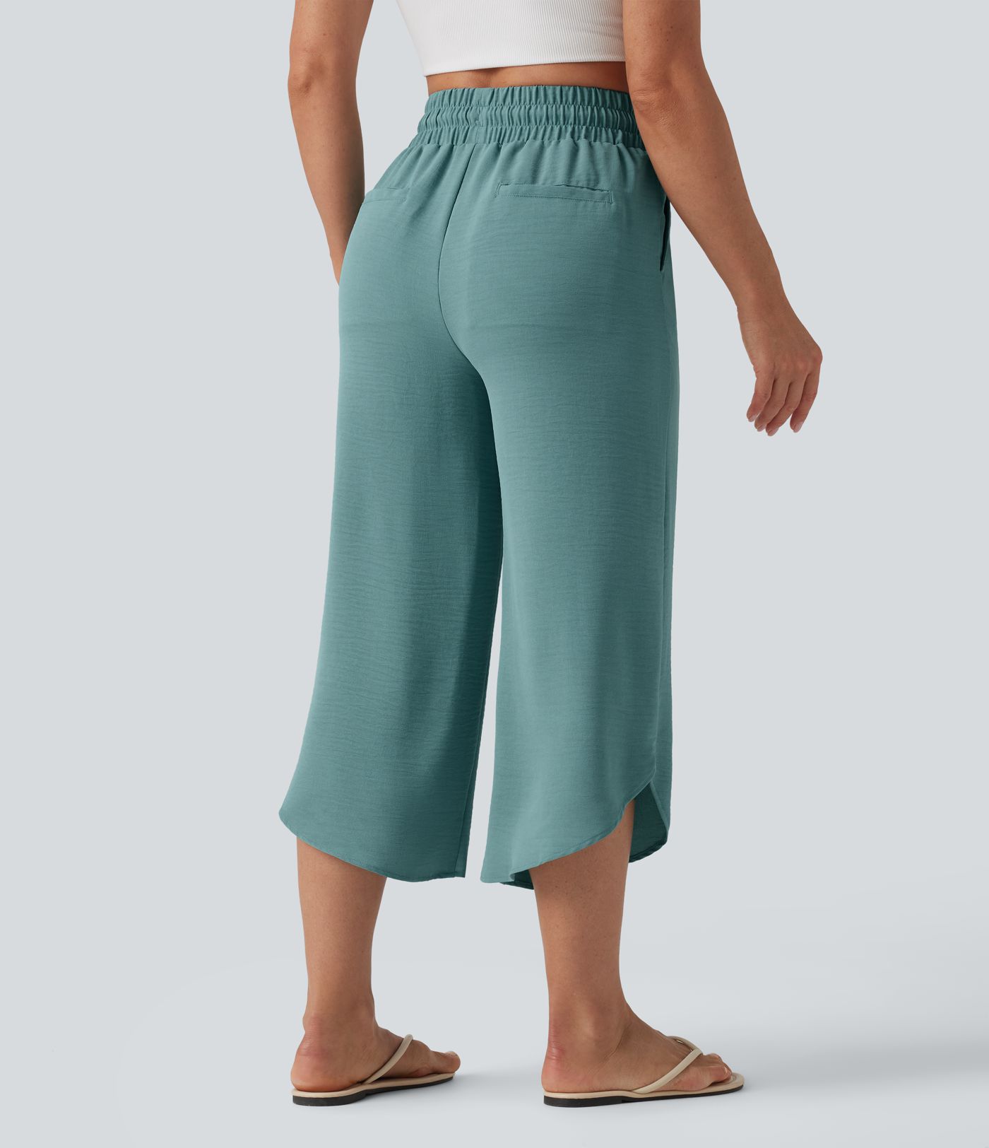 High Waisted Drawstring Curved Hem Cropped Casual Linen-Feel Pants with Pockets