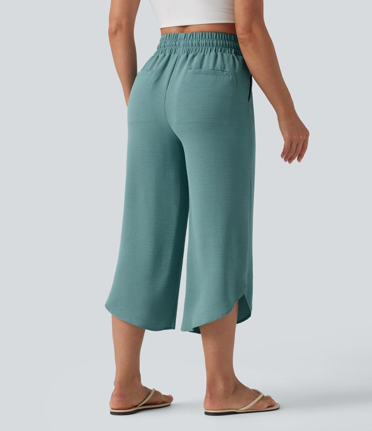 High Waisted Drawstring Curved Hem Cropped Casual Linen-Feel Pants with Pockets