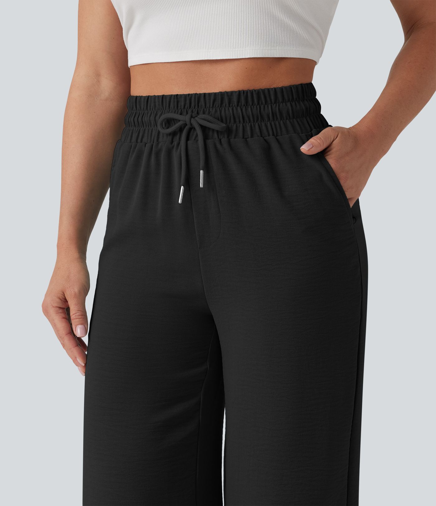 High Waisted Drawstring Curved Hem Cropped Casual Linen-Feel Pants with Pockets