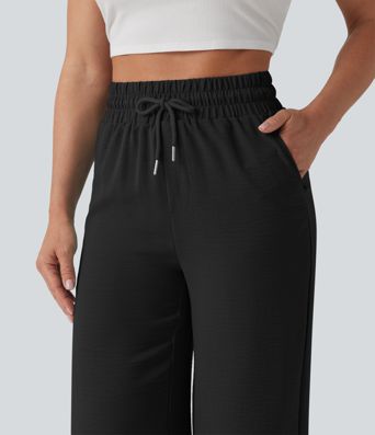 High Waisted Drawstring Curved Hem Cropped Casual Linen-Feel Pants with Pockets