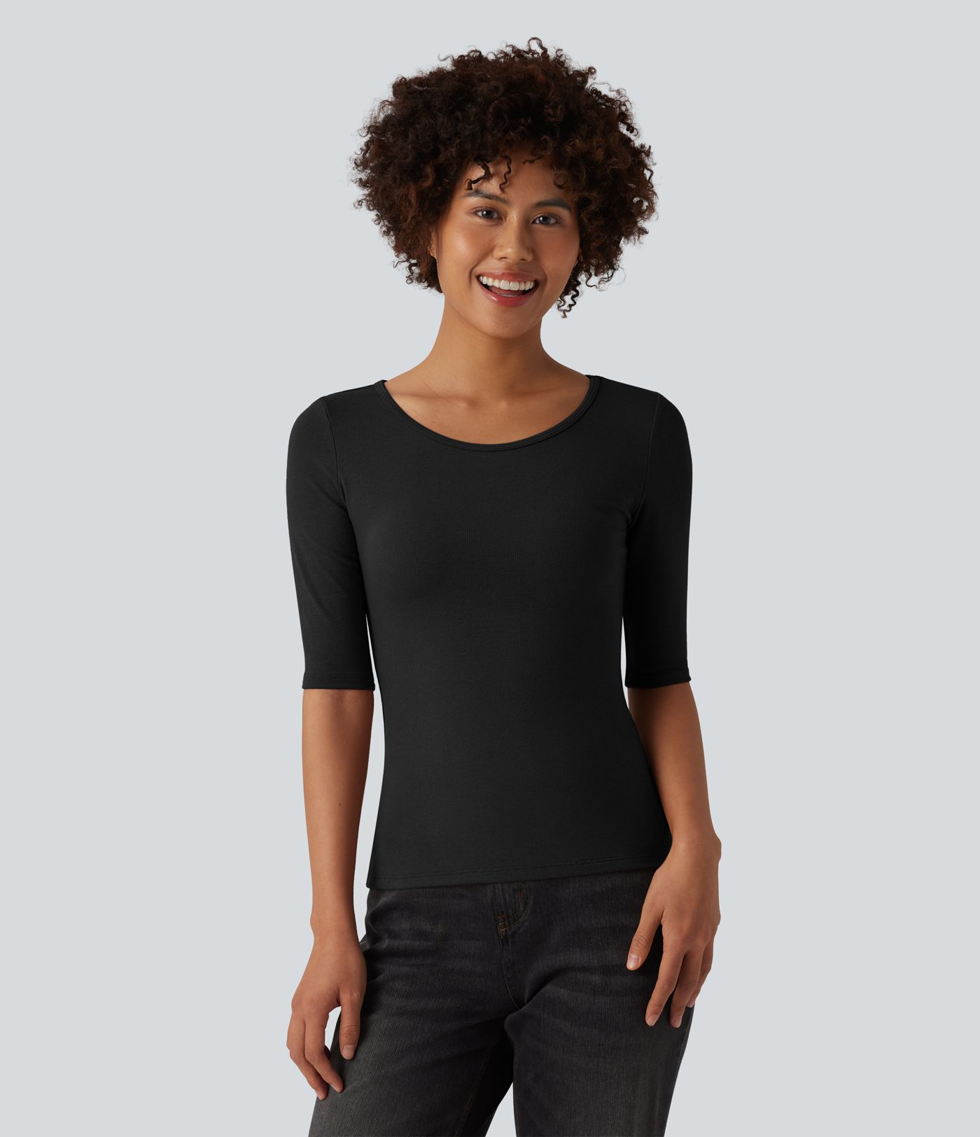 Ribbed Knit Scoop Neck Half Sleeve Casual T-Shirt