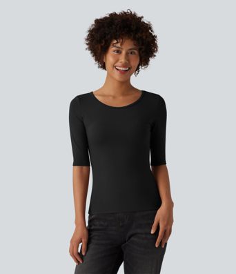 Ribbed Knit Scoop Neck Half Sleeve Casual T-Shirt